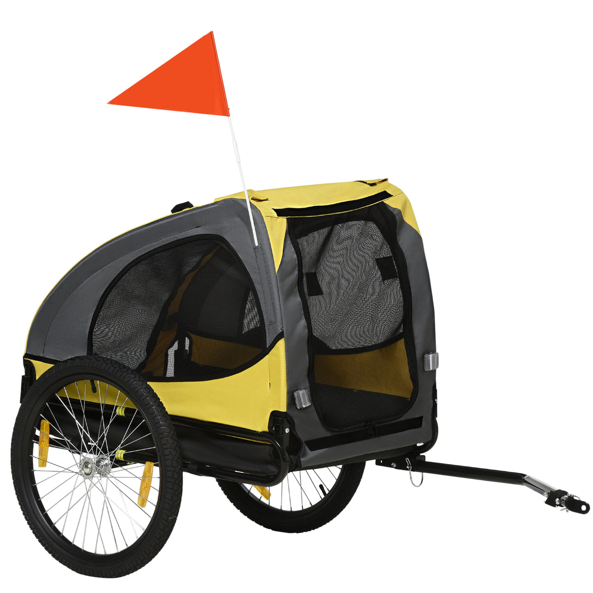 Remorque de vélo pour chien avec fenêtres en maille réflecteurs et drapeau de sécurité 140 x 71 x 83 cm jaune-0