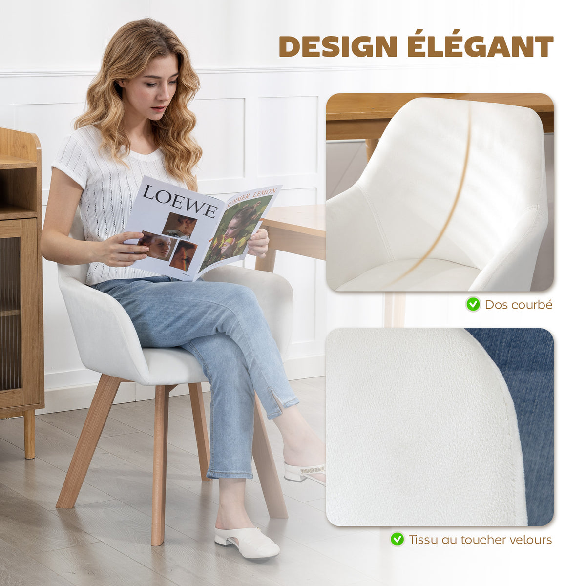 Lot de 2 chaises de salle à manger Fauteuil Assise rembourrée en tissu effet velours Pieds en bois, crème-4