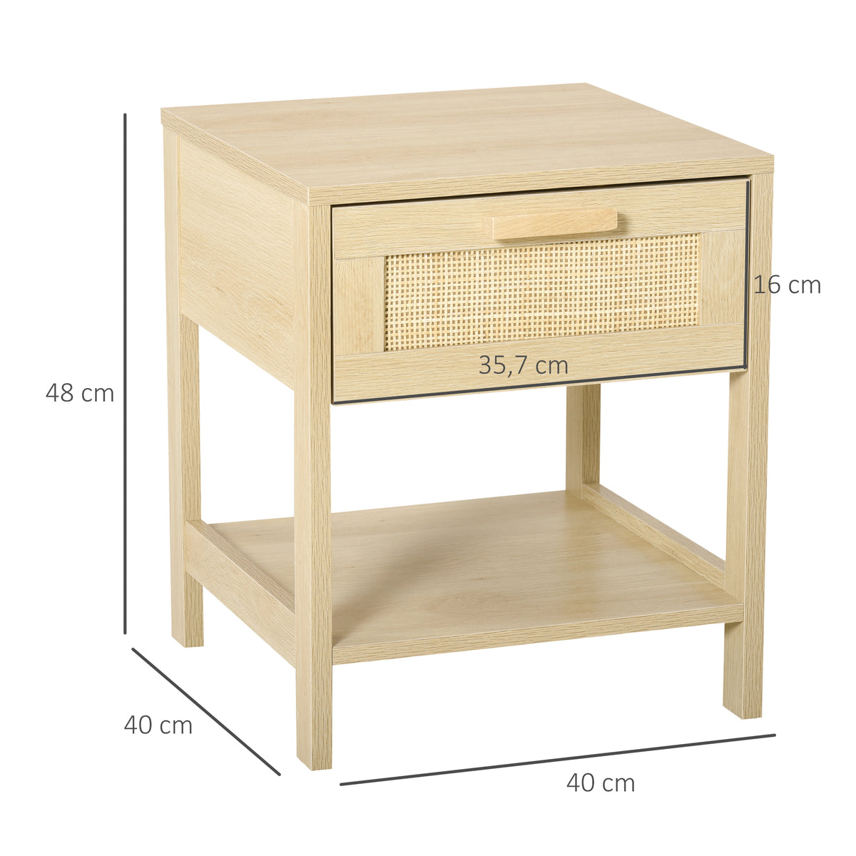 Table de chevet table de nuit avec tiroir et étagère, cannage en rotin, 40L x 40l x 48H cm aspect bois naturel-2