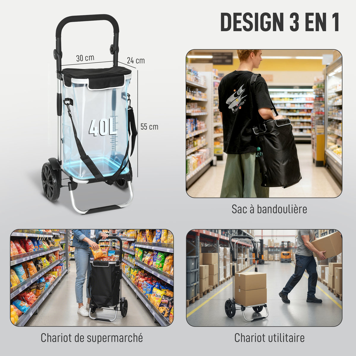 Chariot de courses pliable 40 L caddie de courses portable à roulettes avec poignée télescopique, 45,5x35,5x97cm, noir-3