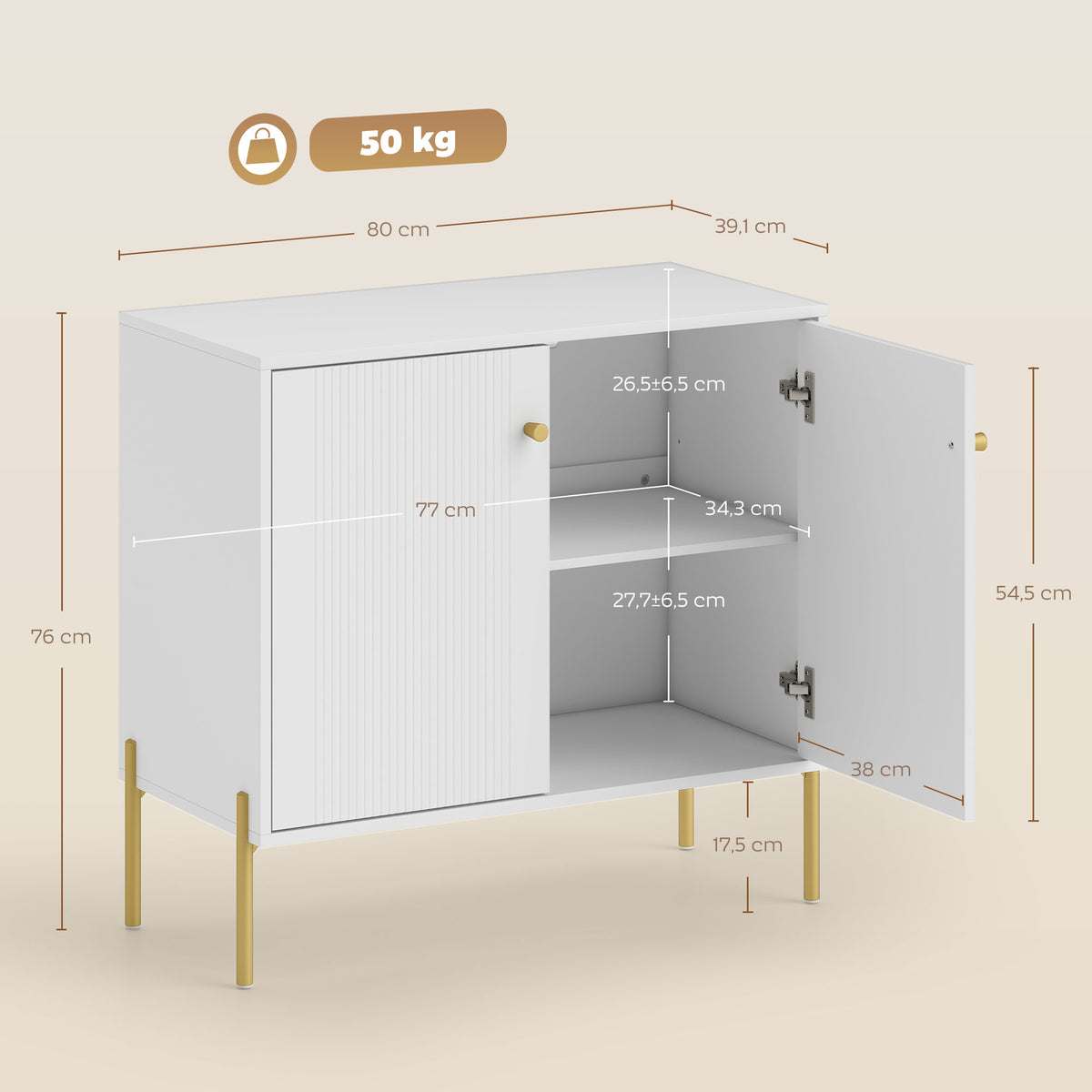 Buffet salon, meuble de rangement avec double porte cannelée, étagère réglable, pieds en acier, 80 x 39,1 x 76 cm, blanc-2