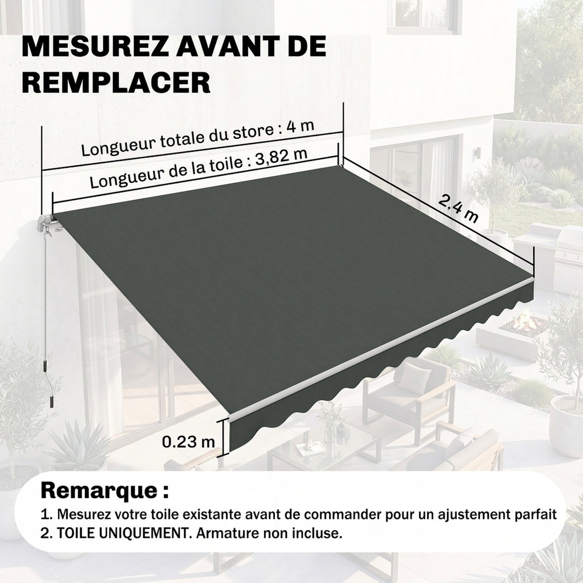 Toile de Rechange Store banne - Lambrequin Vagues Douces - Polyester Haute densité 280 g/m² Anti-UV gris-2