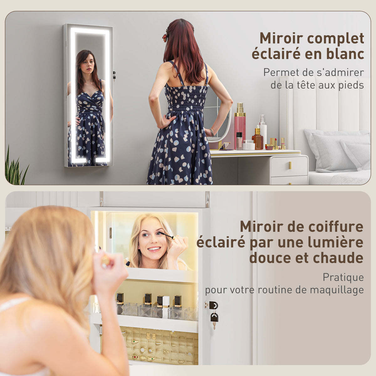 Armoire à bijoux avec LED, organisateur de bijoux mural/de porte verrouillable avec miroir, 37 x 10,5 x 108 cm, blanc-4