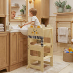 Tour d'Apprentissage Enfant 3 en 1, Tour d'Observation Enfant Pliable avec Tableau Noir, Motif Chat, Naturel-9