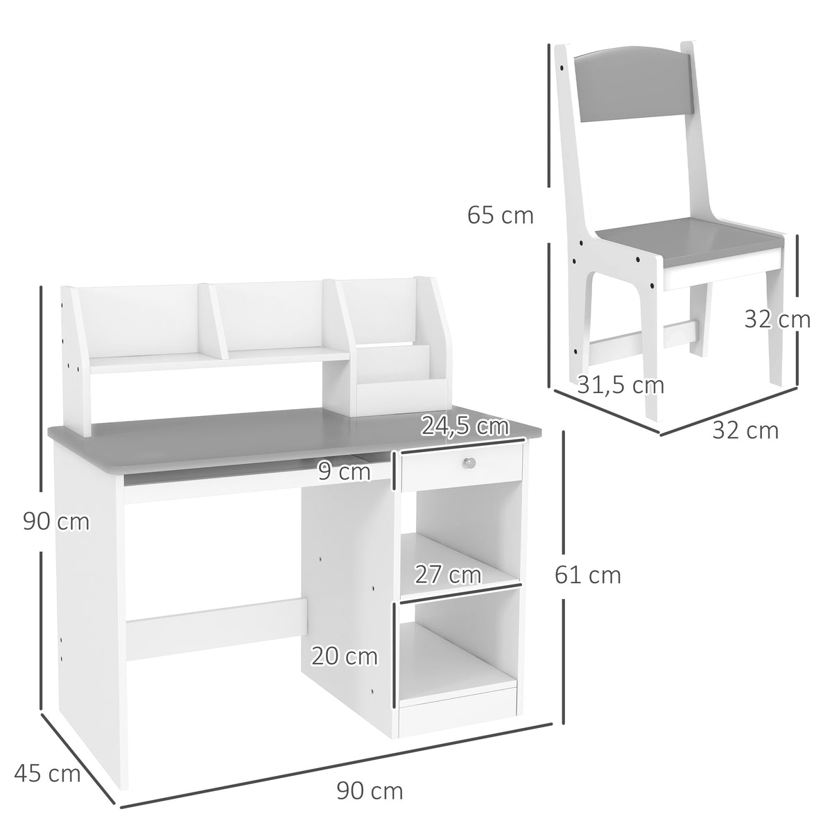 Bureau enfant avec chaise ergonomique avec clavier coulissant tiroir niches et étagères ouvertes 90 x 45 x 90 cm gris-2