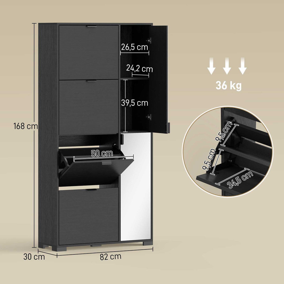 Meuble à chaussures 16 paires armoire à chaussures 4 tiroirs rabattables 2 portes en miroir étagères réglables noir-2
