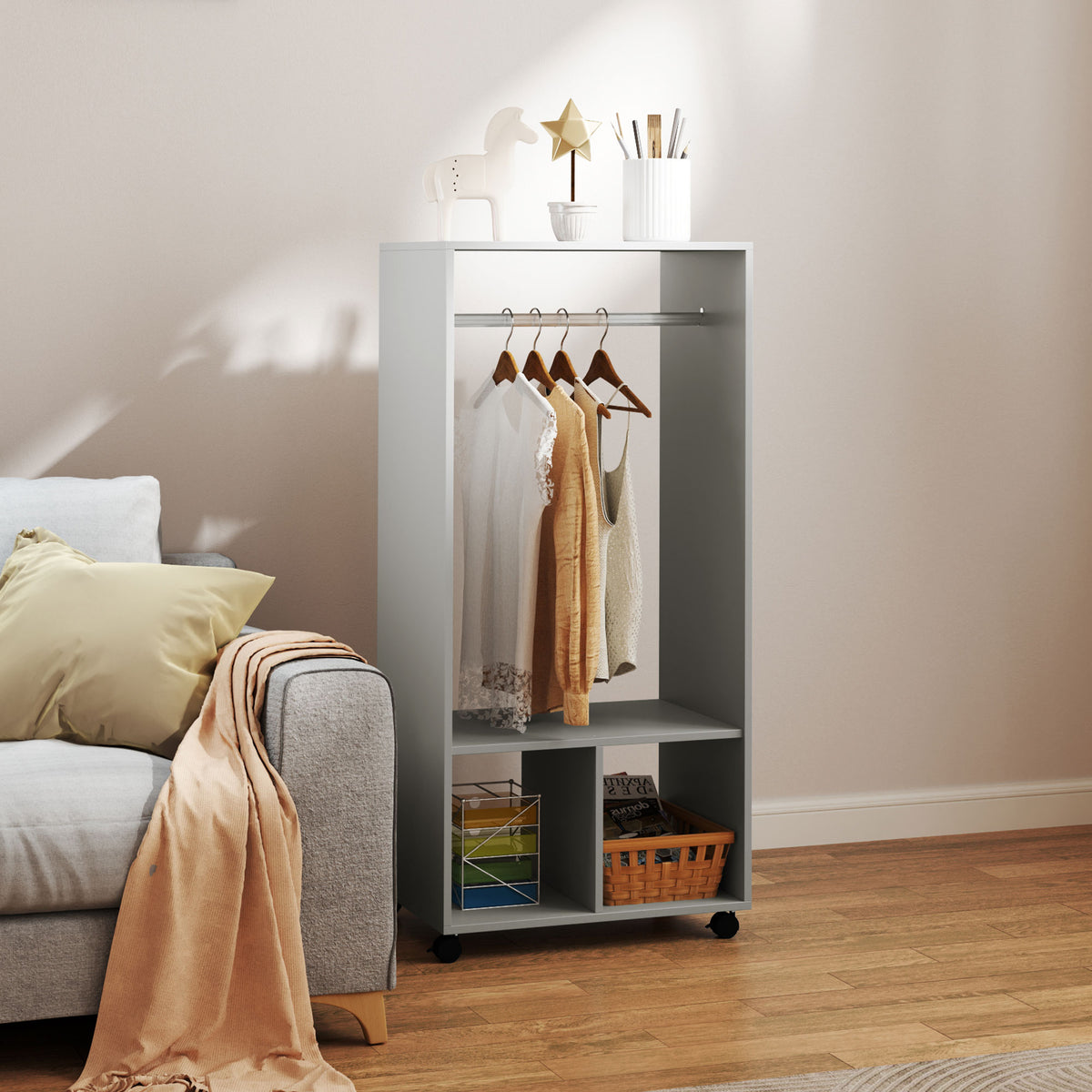 Armoire penderie étagère 2 niches penderie 4 roulettes pivotantes dim. 60L x 40l x 128H cm gris-1