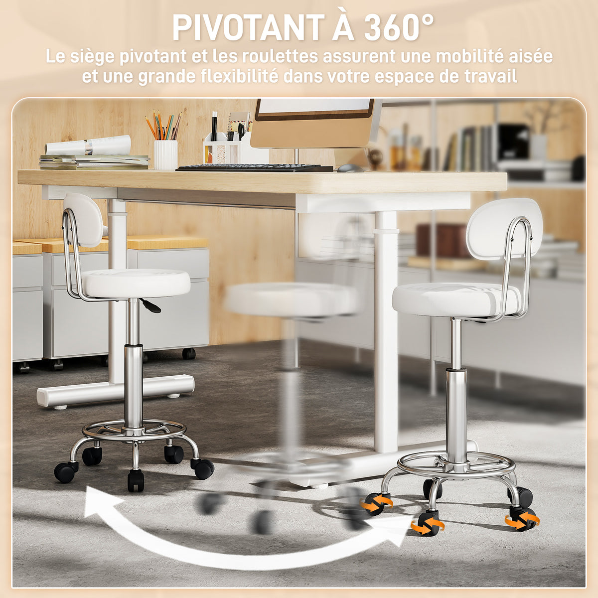 Tabouret à roulettes, tabouret de massage avec hauteur réglable 70-86 cm et dossier, pivotant 360°, blanc-4