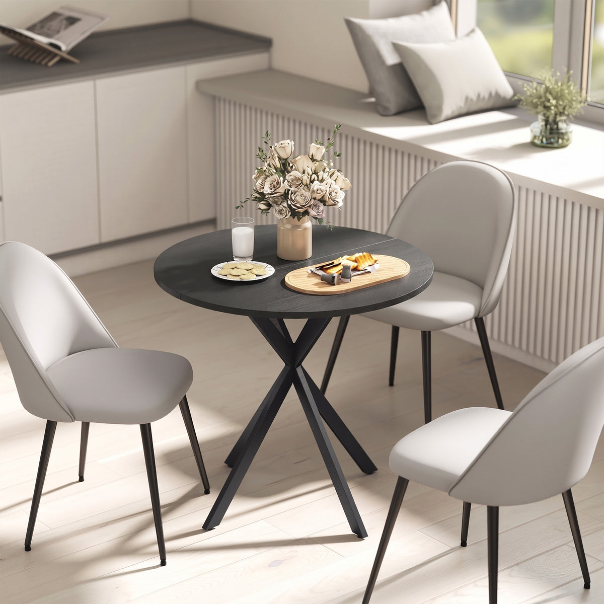 Table à Manger Ronde pour 2 Personnes avec Plateau Aspect Bois et Piètement Croisé en Acier, Noir-7