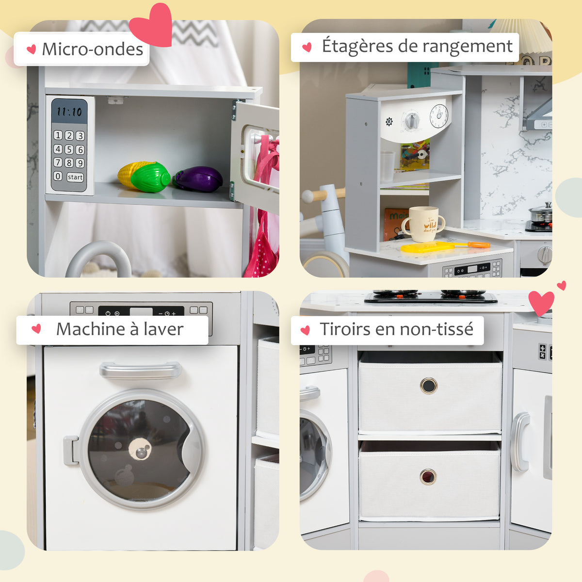 Cuisine enfant en bois avec 17 accessoires légumes en plastique boutons et lumières toque 3-6 ans gris blanc-5