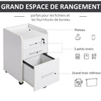 Caisson de bureau rangement bureau sur roulettes 3 tiroirs 1 verrouillable 1 trieur dossiers en bois blanc-3