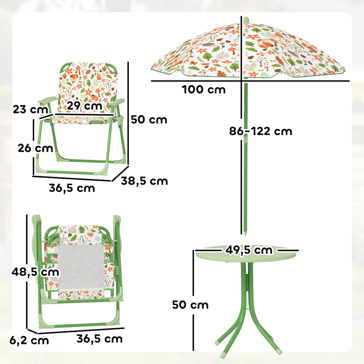 Ensemble salon de jardin extérieur enfant 4 pièces, motif éléphant et girafe, parasol réglable Ø 100 cm, chaise pliable-2