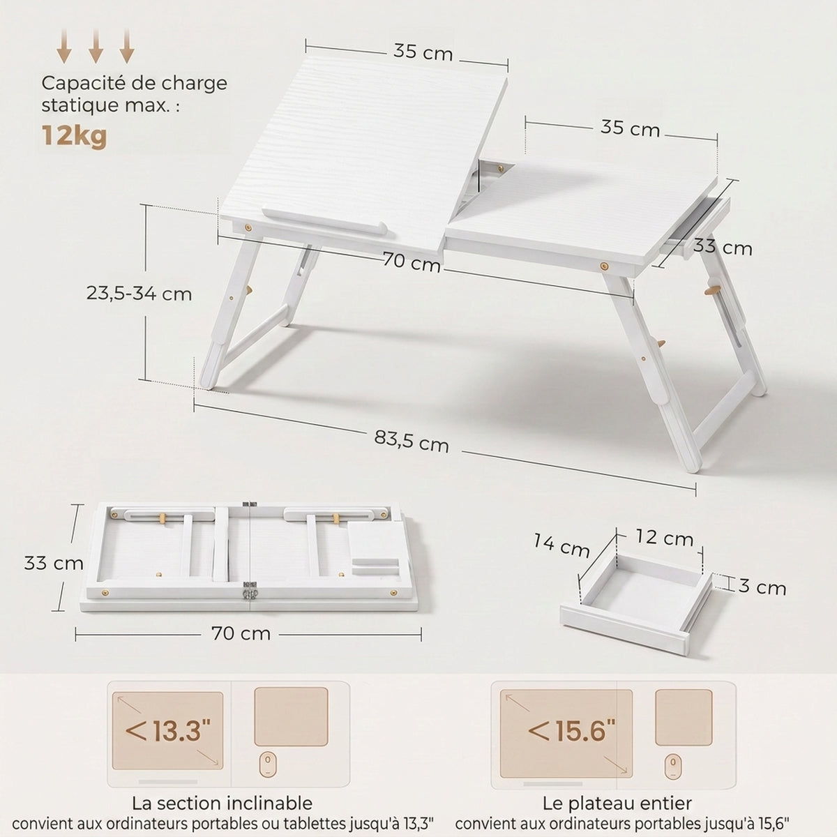 Table de lit pliable et réglable, plateau de lit pour ordinateur portable en bambou plateau inclinable 83,5x33x34cm blanc-2