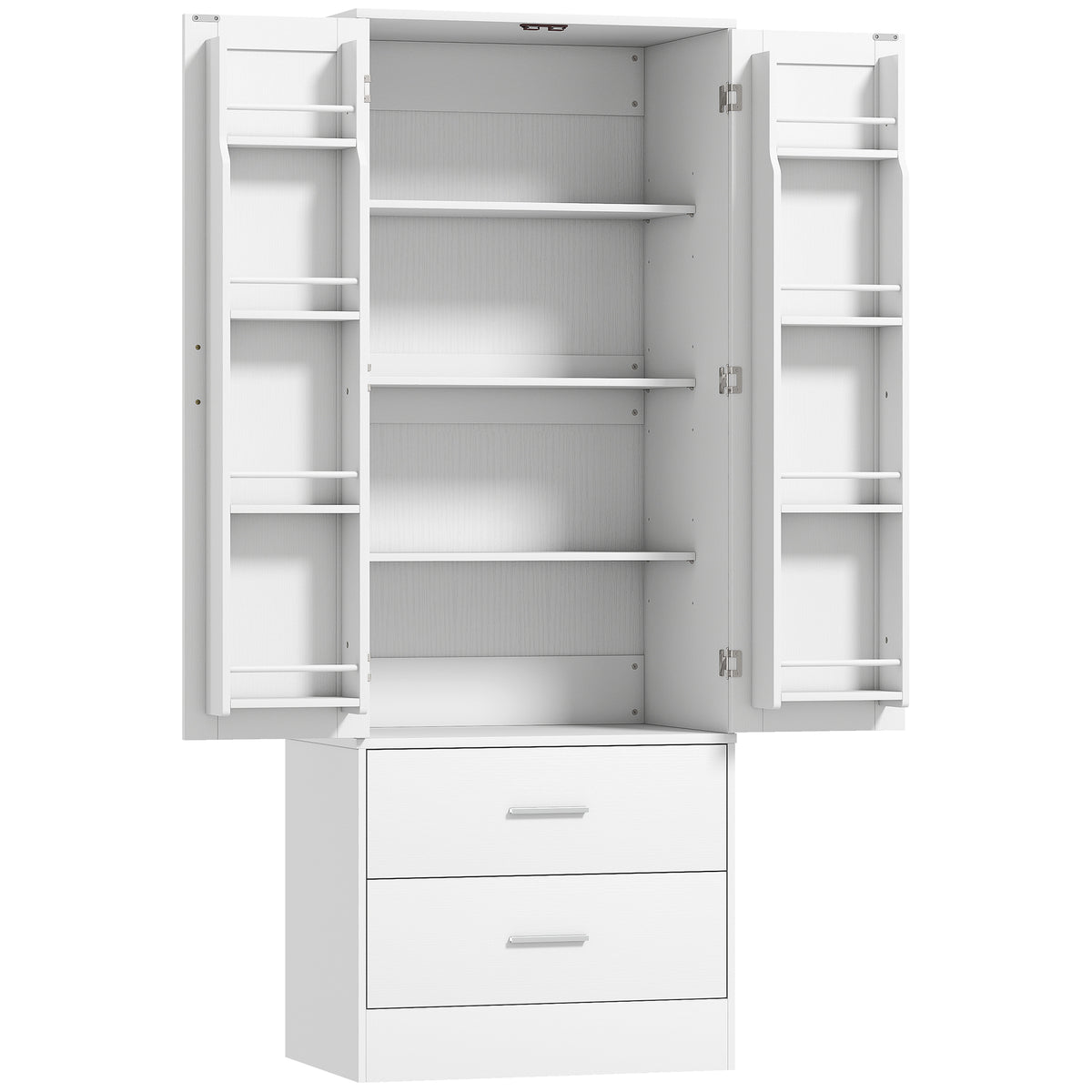 Buffet haut cuisine, armoire de cuisine, 2 portes, 8 porte-épices, 2 tiroirs, étagères réglables, 60x40x159cm, blanc-0