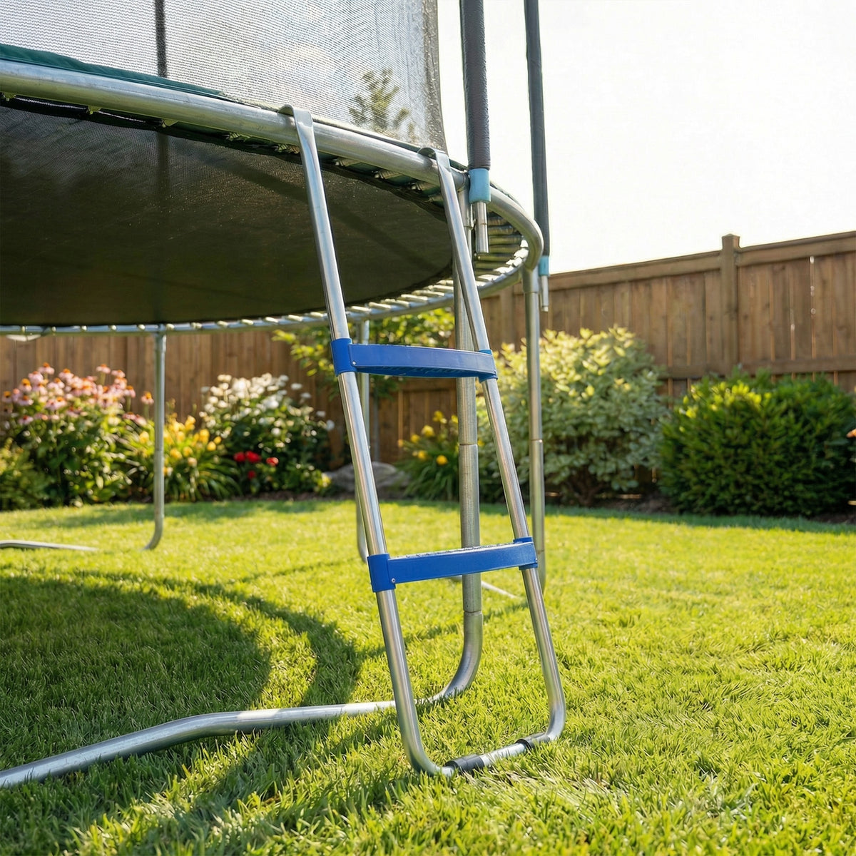 Échelle de Trampoline 2 Marches Larges avec Crochet Universel, Cadre en Acier Galvanisé, Charge 150 kg, 97x32x7 cm, Bleu-1