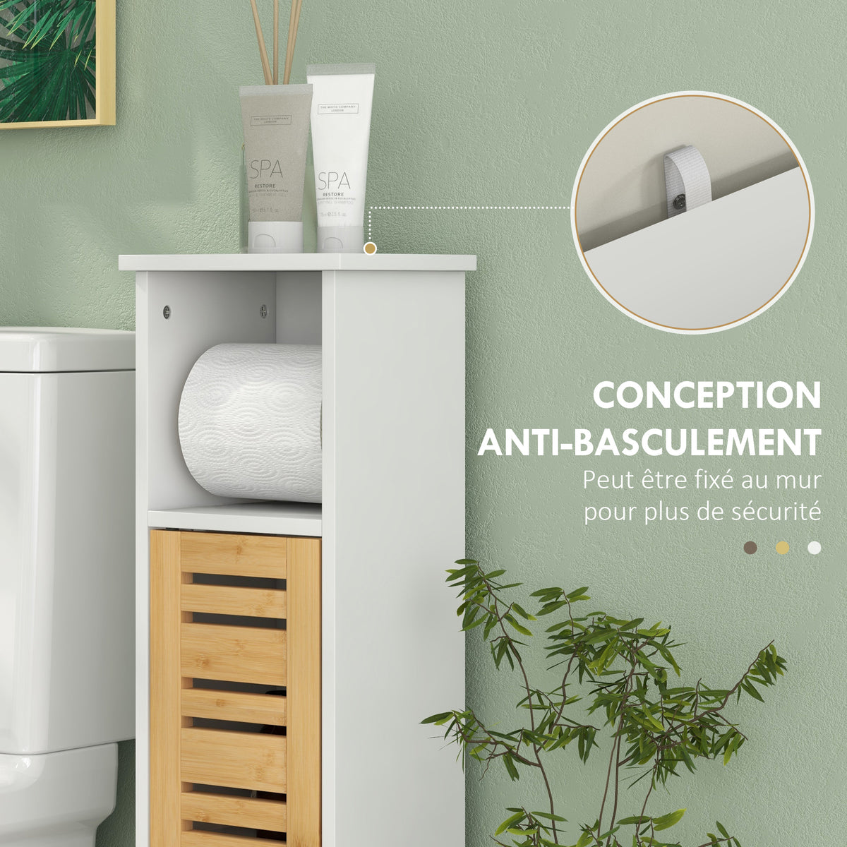 Meuble de salle de bain avec support papier toilette barre amovible 3 Niveaux + Sortie Papier, 78H cm, Bambou blanc-5