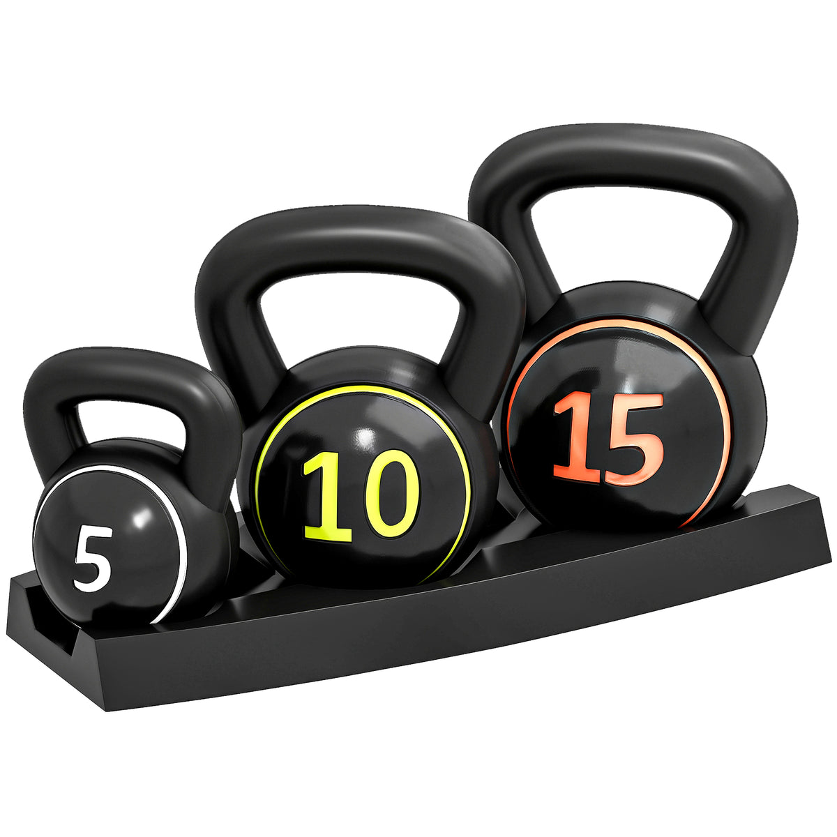 Lot de 3 kettlebells 2,2, 4,5 et 6,8 kg poignée antidérapante entraînement sport fitness avec plateau de rangement noir-0