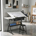 Table à dessin avec tabouret et 2 tiroirs, hauteur réglable, plateau inclinable 0° à 60°, 120 x 60 x 68-92 cm, blanc-8
