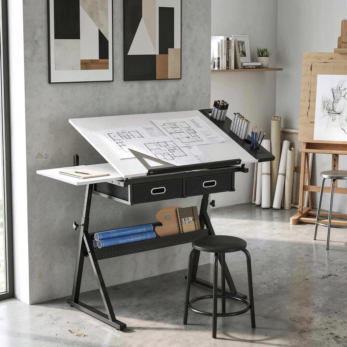 Table à dessin avec tabouret et 2 tiroirs, hauteur réglable, plateau inclinable 0° à 60°, 120 x 60 x 68-92 cm, blanc-8