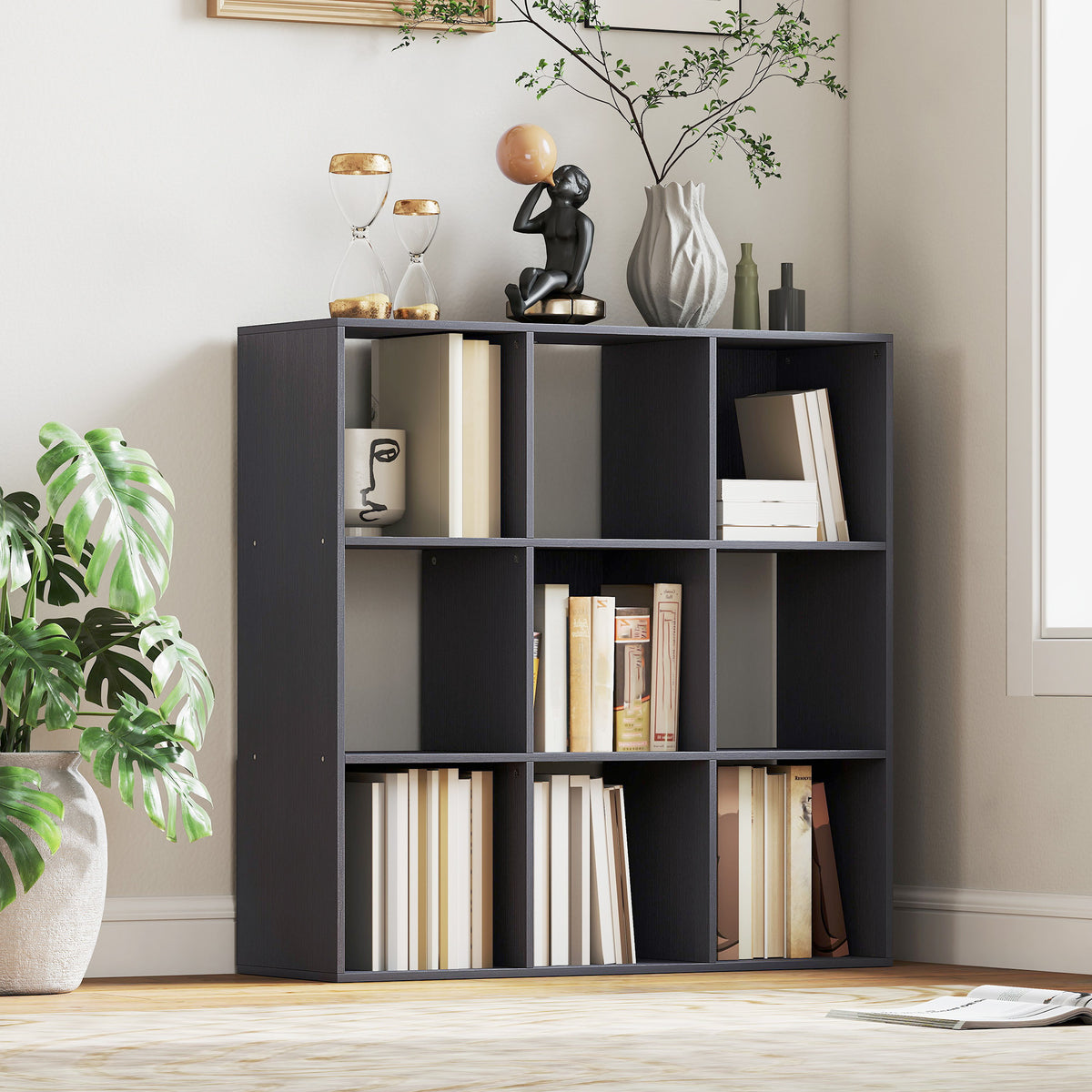 Bibliothèque, étagère de rangement à 3 niveaux avec 9 compartiments, pour salon, bureau, chambre, 91x29,5x91cm, gris-9