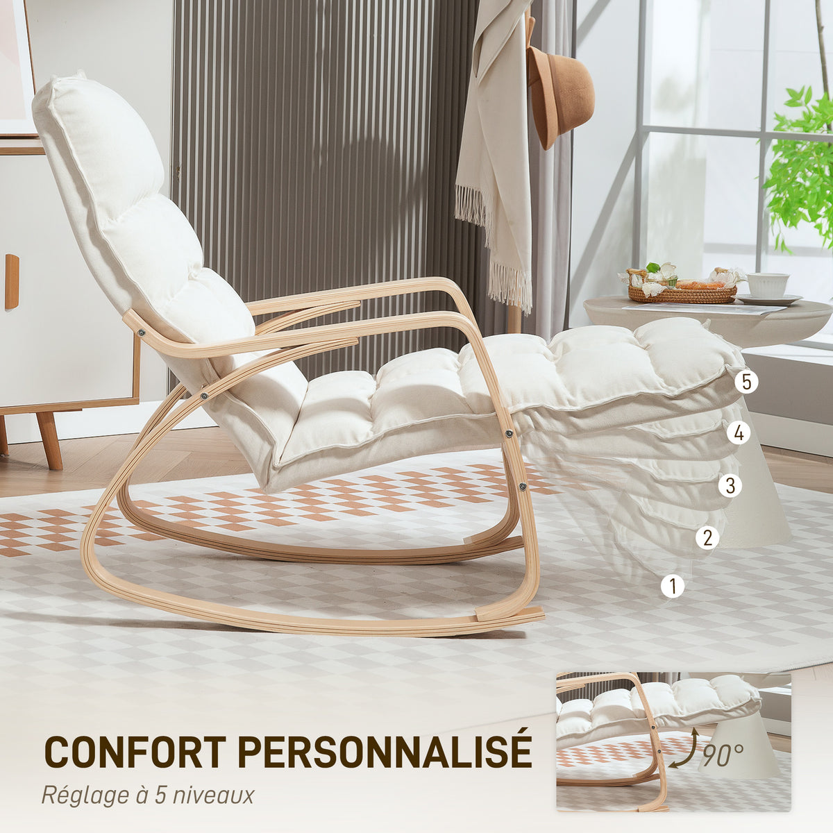 Fauteuil à bascule avec repose-pieds ajustable, rocking chair avec pieds en bois de bouleau, 67 x 106-123 x 92 cm, crème-4