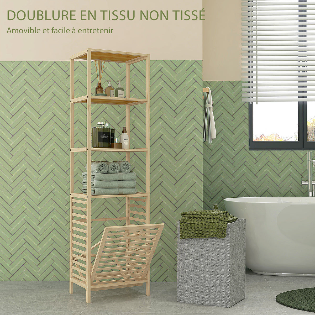 Etagère de rangement pour salle de bain en bambou avec 3 étagères et 1 panier à linge amovible 44L x 33l x 160H cm-4