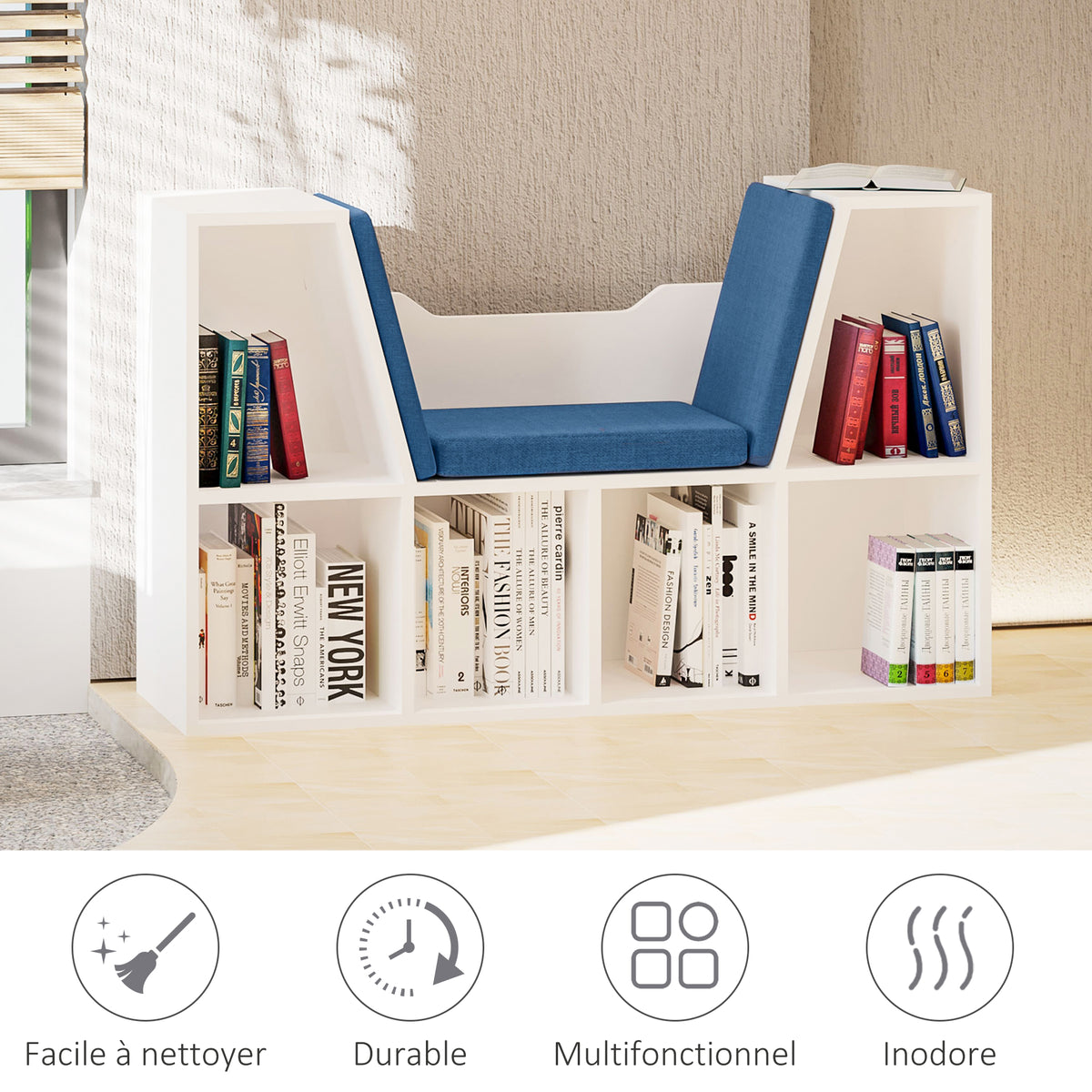Bibliothèque banc 2 en 1 avec coussins de siège, étagère cube 6 compartiments ouverts et 2 niveaux, meuble de rangement pour salon, chambre à coucher, bureau, 102 x 30 x 61 cm, bleu-6