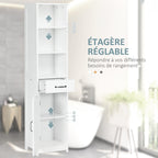 Meuble salle de bain colonne avec 3 compartiments ouverts, tiroir et étagère réglable, 40 x 30 x 164 cm, blanc-4
