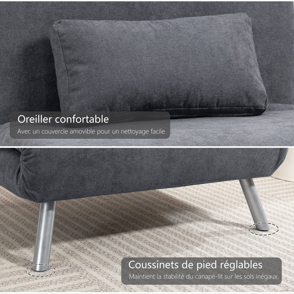 Fauteuil convertible 1 place, fauteuil-lit clic-clac 3 en 1 avec dossier réglable, oreiller, assise large, gris foncé-6