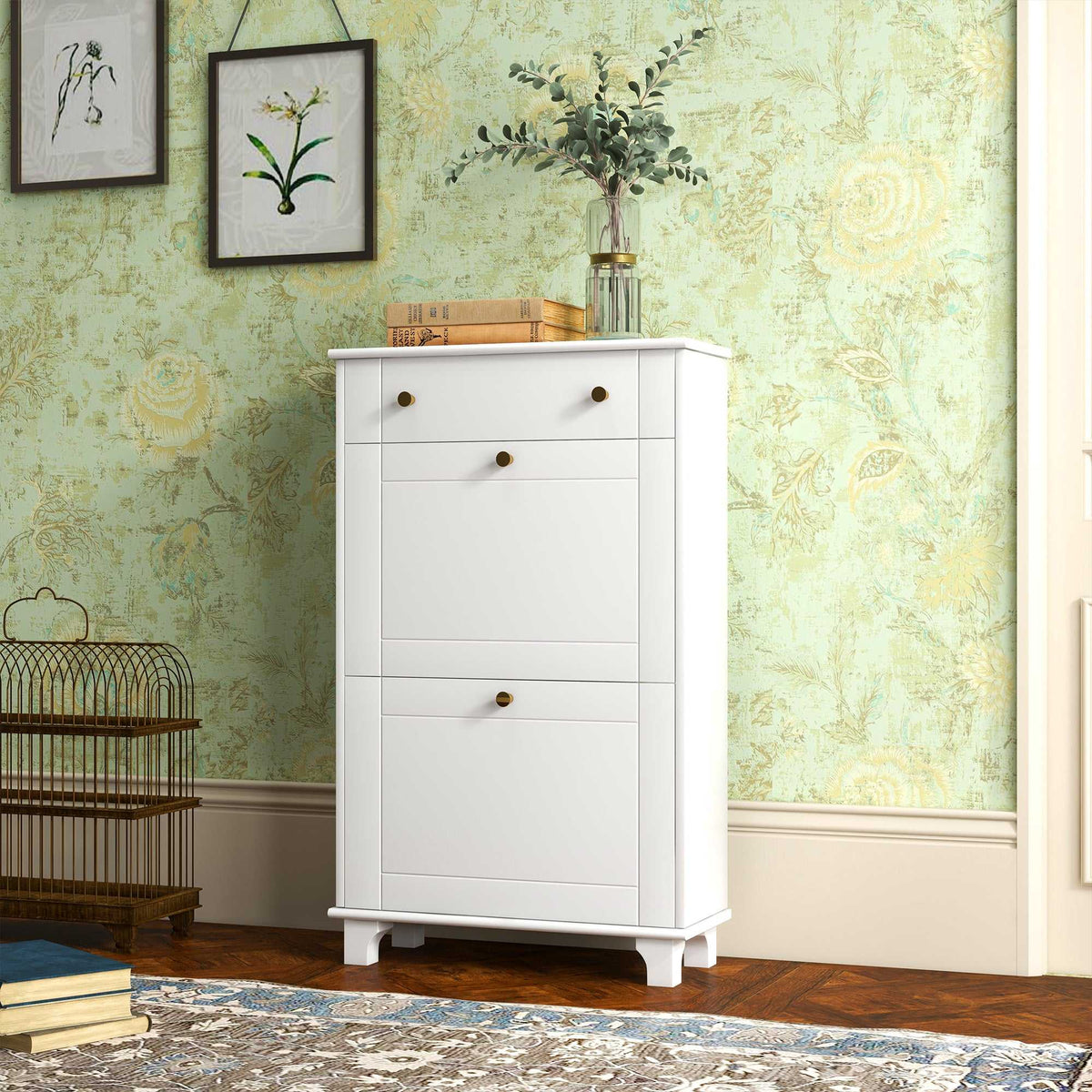 Meuble chaussure entrée étroit avec tiroirs à portes abattants et étagère réglable, 60 x 23,5 x 98,5 cm, blanc-1