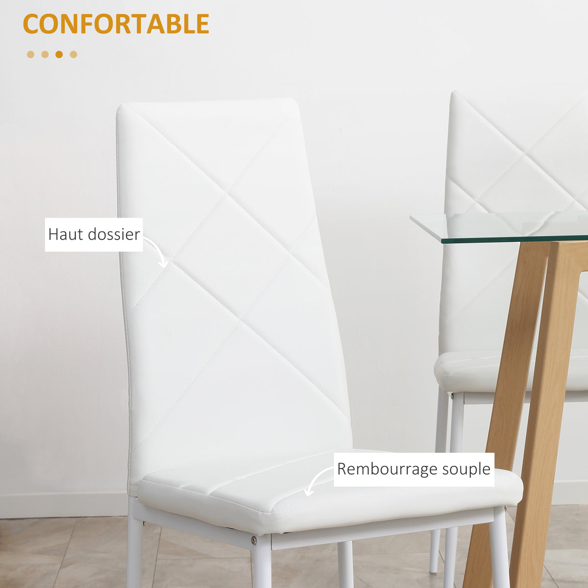 Lot de 4 chaises de salle à manger avec dossier haut, revêtement synthétique et pieds en acier, blanc-5