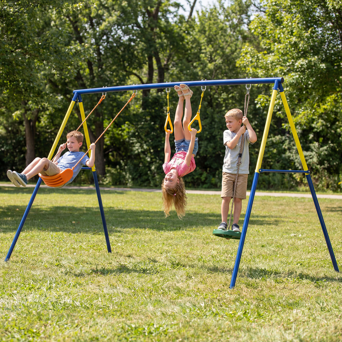 Portique Balancoire Exterieur Enfants 3-en-1, Siège de Balancelle, 2 Anneaux Gymnastique et Balançoire à Disque-9