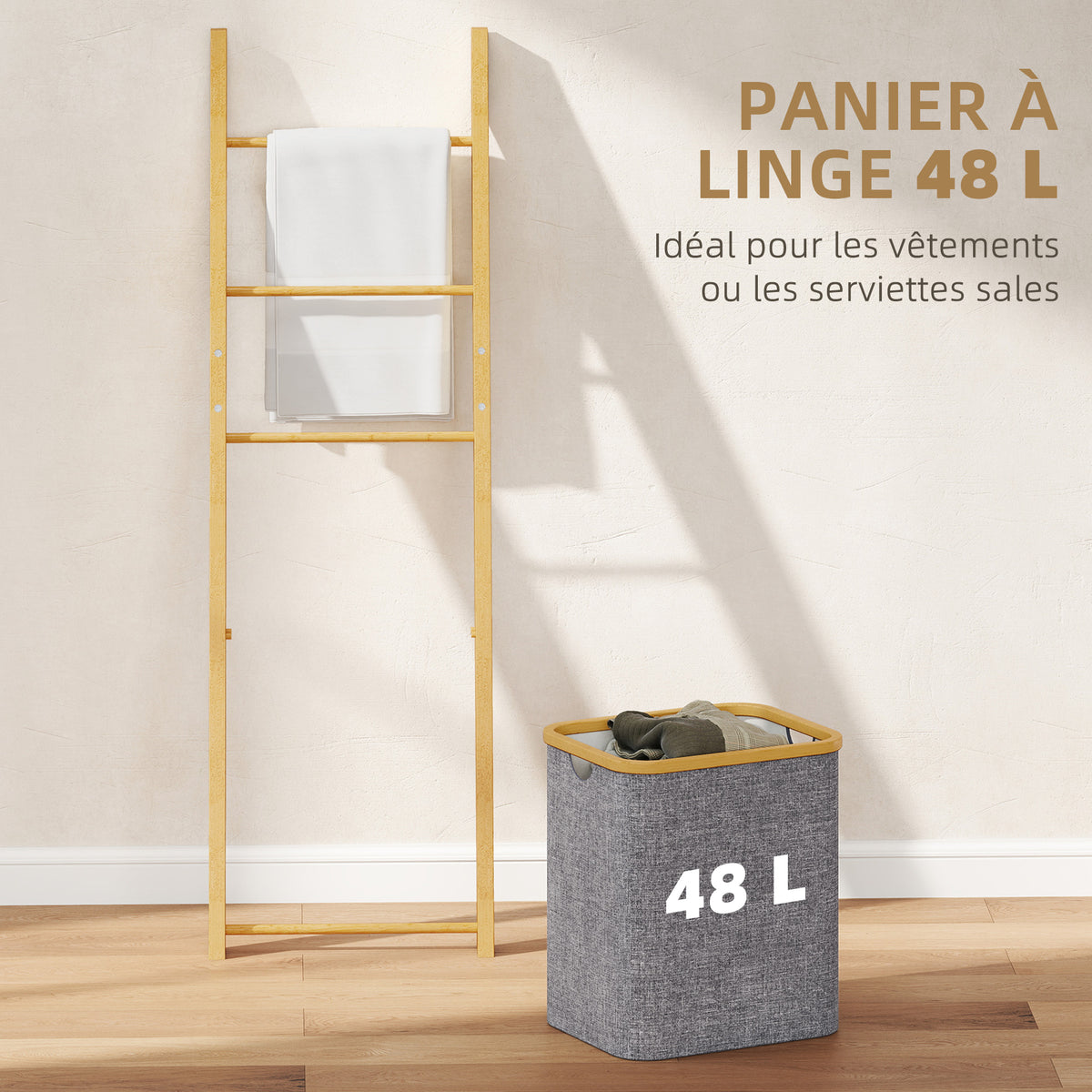 Porte-serviettes bambou avec panier à linge, échelle porte-serviettes avec 1 panier à linge, 43 x 35 x 133 cm, gris-4