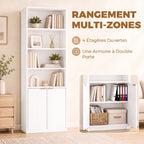 Bibliothèque à 6 Niveaux, Meuble de Rangement, 60 x 24 x 182 cm avec 4 Compartiments Ouverts et 2 Portes, Blanc-3