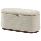 Banc de Rangement Ovale Moderne en Tissu Chenille, Bout de Lit Coffre Charge 220 kg, 91 x 40,5 x 45 cm, Beige-0