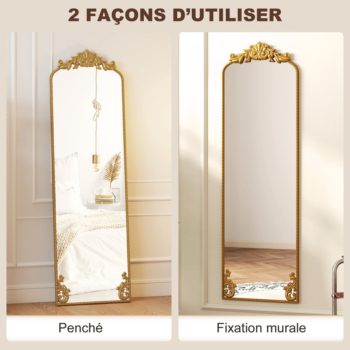 Miroir Pleine Longueur Baroque, 160 x 50 cm, Cadre en Métal, Montage au Sol, Suspendu ou Appuyé contre Le Mur, Doré-5