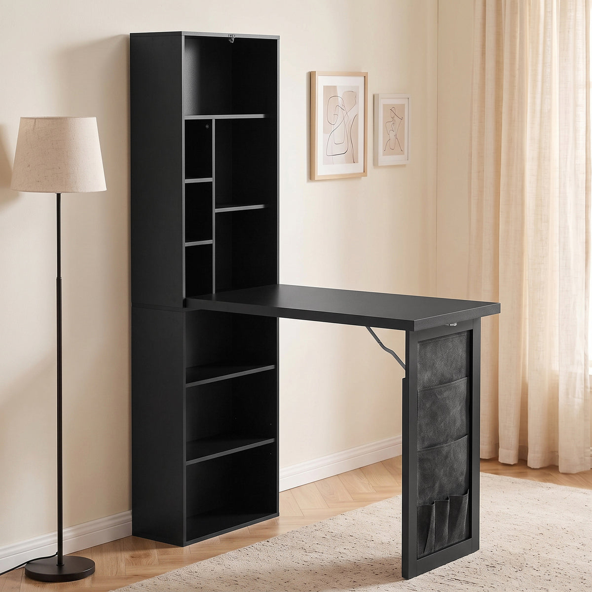 Bureau Informatique Pliable avec Pochette Suspendue, Compartiments Ouverts et Étagère Réglable, Noir-1