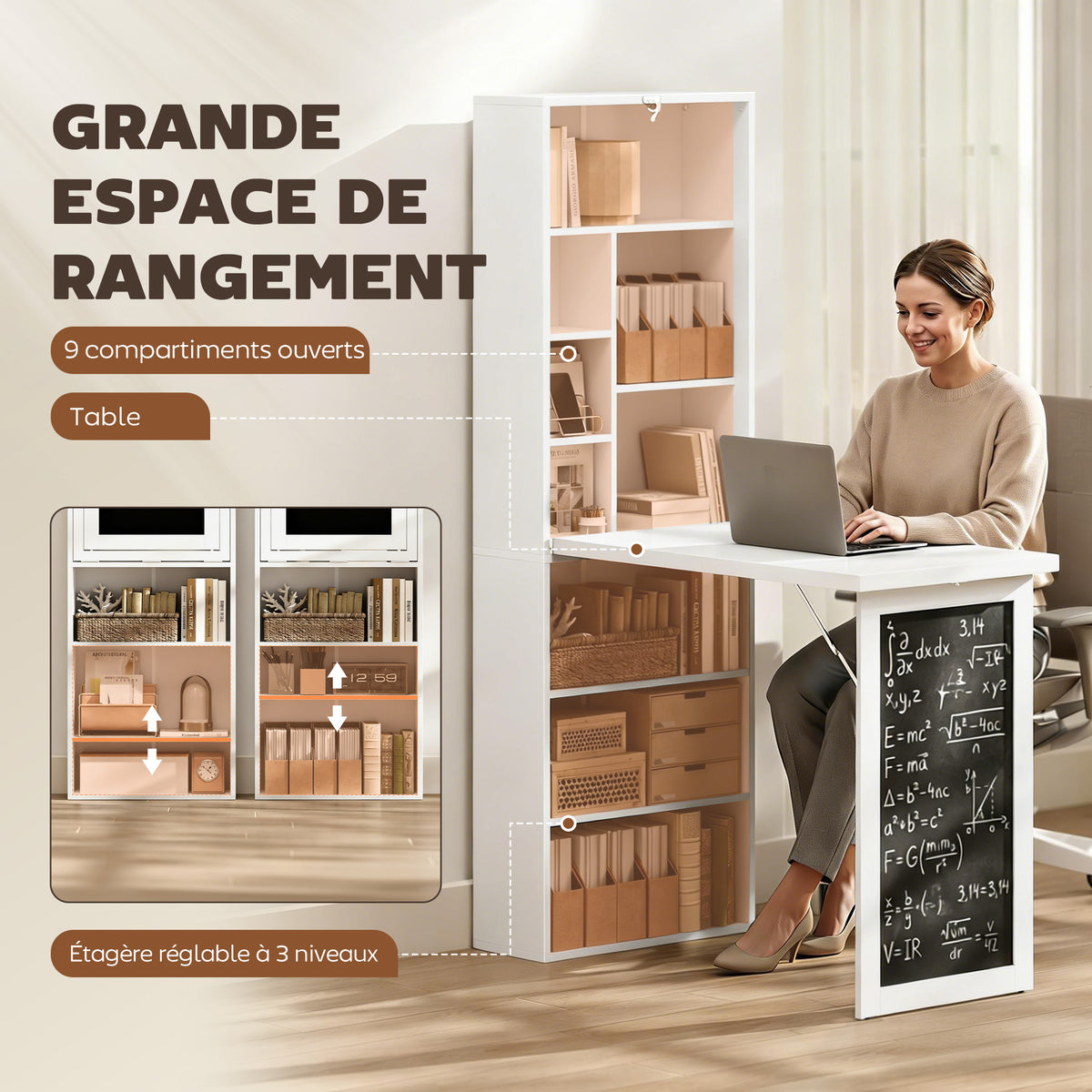 Bureau avec rangement pliable murale rabattable avec bibliothèque poste de travail tableau à craie et étagère réglable-4