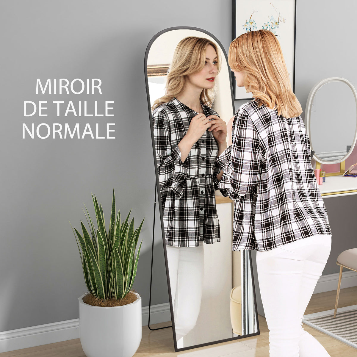 Miroir sur pied rectangulaire arrondi cadre en aluminium avec support pour entrée chambre dressing 50 x 161,5 cm noir-3