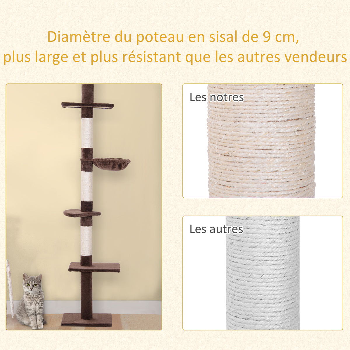 Arbre chat du sol au plafond poteau à griffer L40 x l 34 x H 230-260 cm 5 niveaux d'activités marron-6