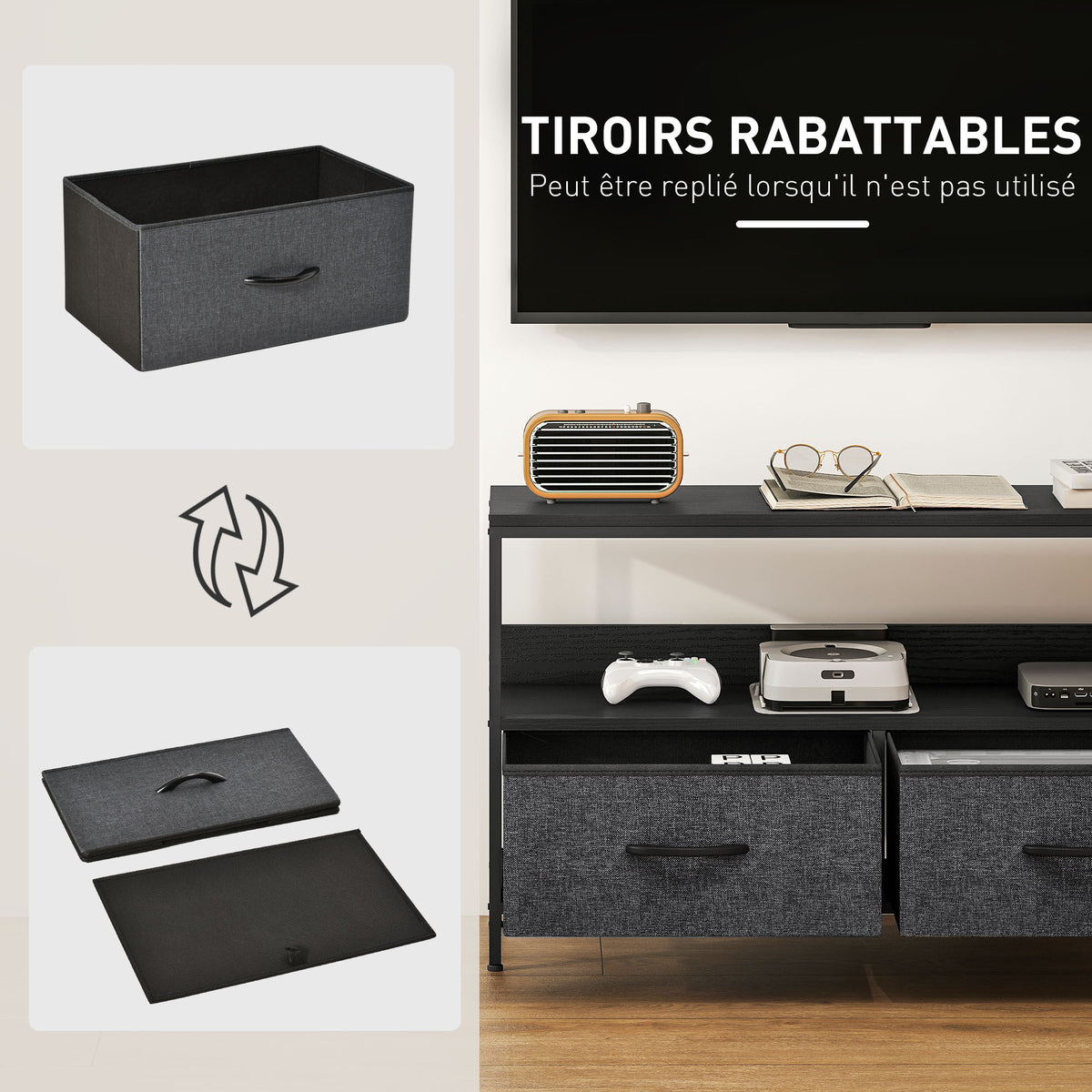 Meuble TV, meuble télé pour téléviseur jusqu'à 47 pouces avec 2 tiroirs et pieds en acier, 98 x 29 x 56 cm, gris foncé-3
