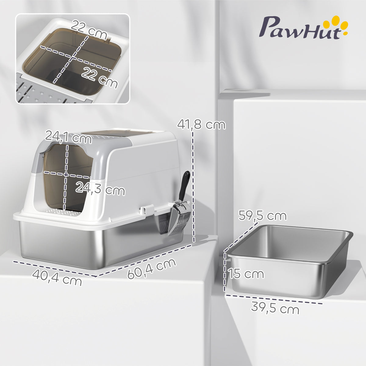 Maison de toilette pour chat bac à litière fermé bac acier inoxydable, nettoyage facile, 60,4 x 40,4 x 41,8 cm, blanc-2