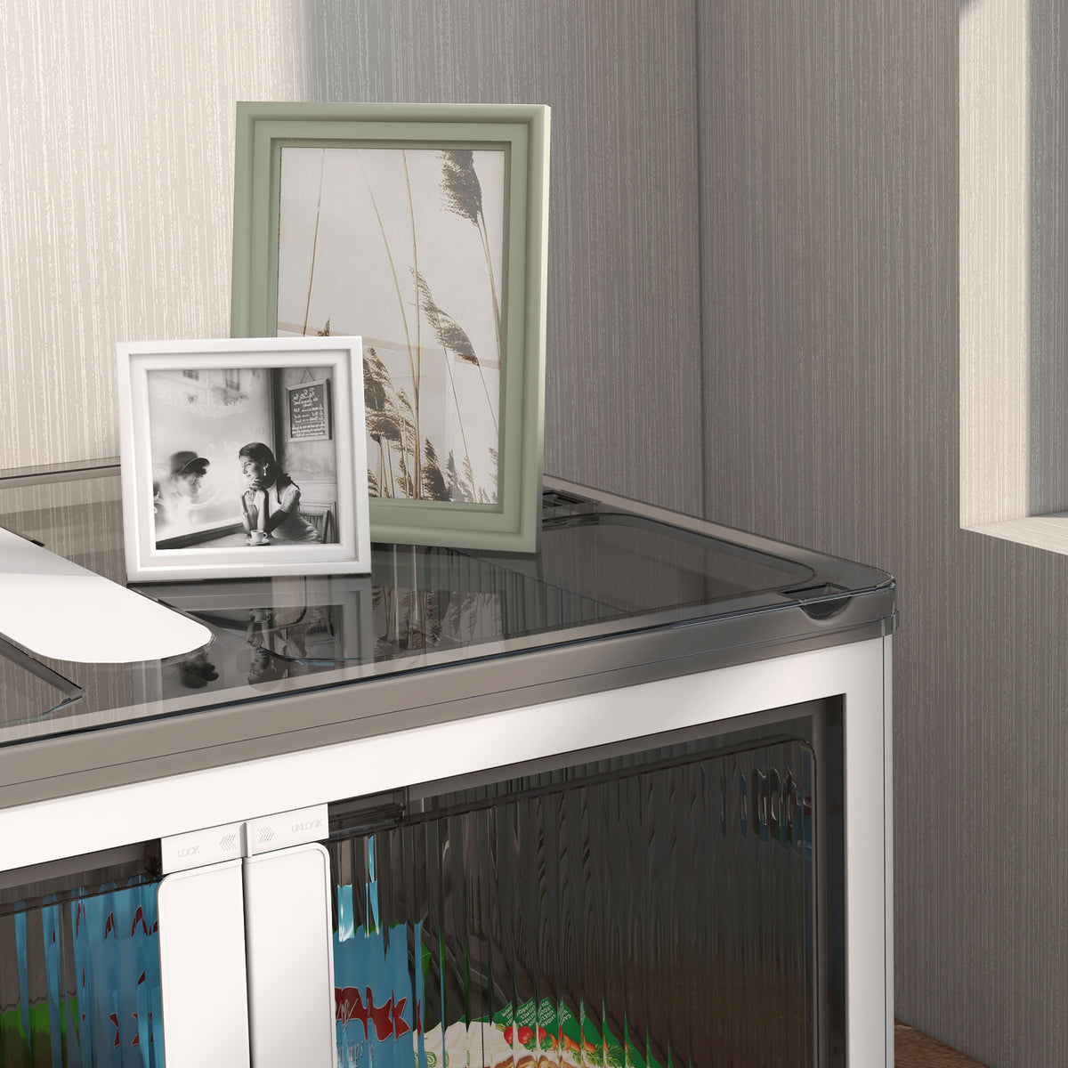Boîte de rangement pliable et empilable 99L en plastique avec couvercle et 4 roulettes, accès à 5 côtés, blanc-6
