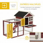 Clapier cage à lapins multi-équipé : niche supérieure avec rampe, plateau excrément, fenêtre + enclos extérieur sécurisé 2 portes 123,5L x 62,6l x 92,5H cm rouge brique-4