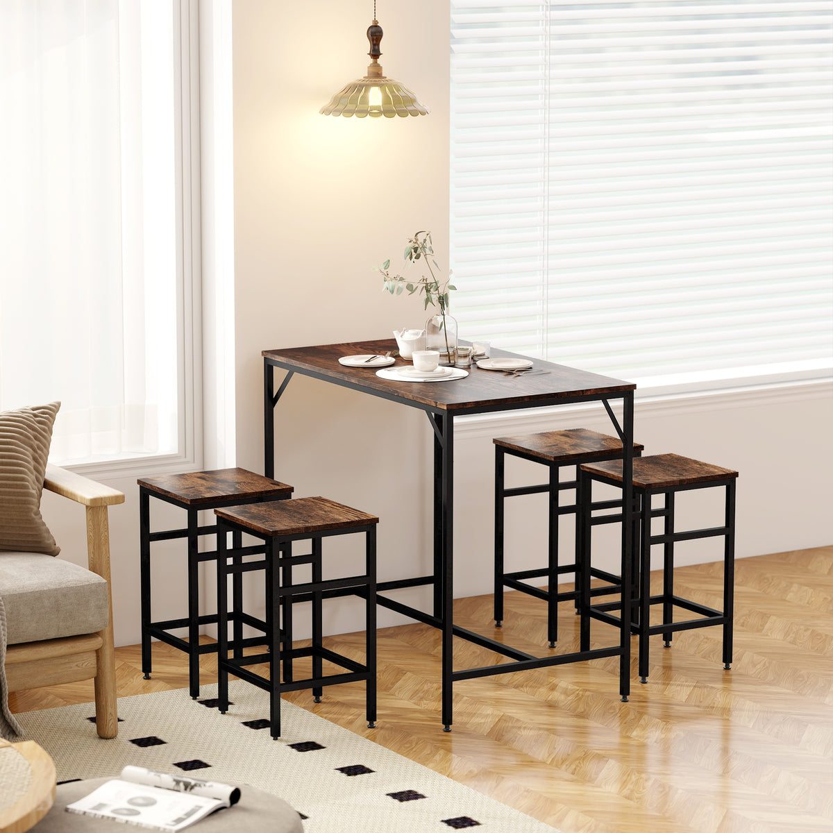 Ensemble table de bar industriel + 4 tabourets repose-pieds en bois couleur chêne cadre en métal noir-8