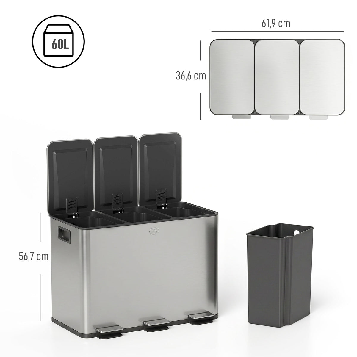 Poubelle de cuisine, poubelle tri sélectif, 3 compartiments de 20L, seaux intérieurs amovibles, 61,9x36,6x56,7cm, argent-2