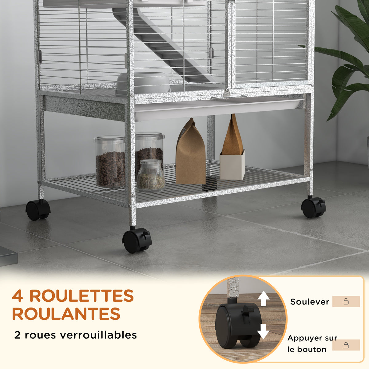 Cage pour petits animaux sur roulettes 2 niveaux avec 2 portes, 1 rampe, 1 étagère de rangement 61,5 x 44,5 x 86 cm gris-5