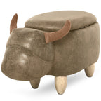 Tabouret Vache - Pouf Vachette - Pouf Taureau Coffre de Rangement 2 en 1 - Pieds Bois d'hévéa revêtement synthétique Aspect Daim Vieilli Marron-0
