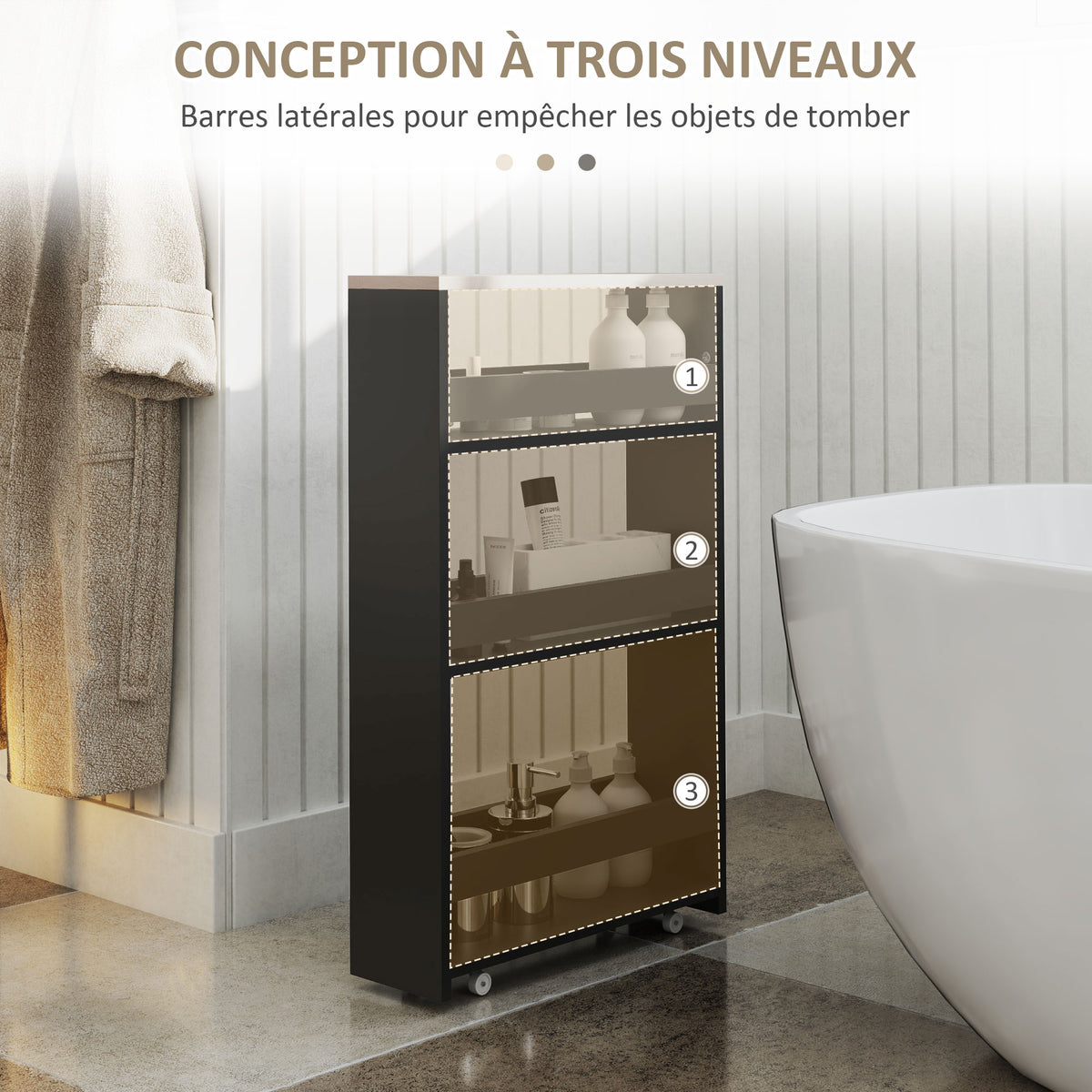 Chariot de rangement à 3 niveaux chariot de stockage étagère sur roulettes avec poignée - 48 x 15 x 80 cm noir-3