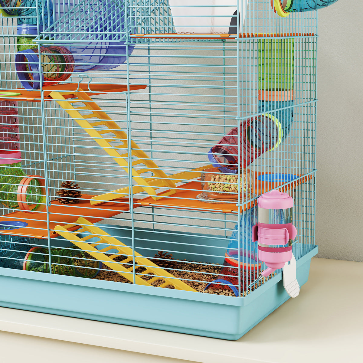 Cage pour hamster souris petit animaux rongeur avec tunnel mangeoire roue jouet 47 x 30 x 59 cm bleu clair-8